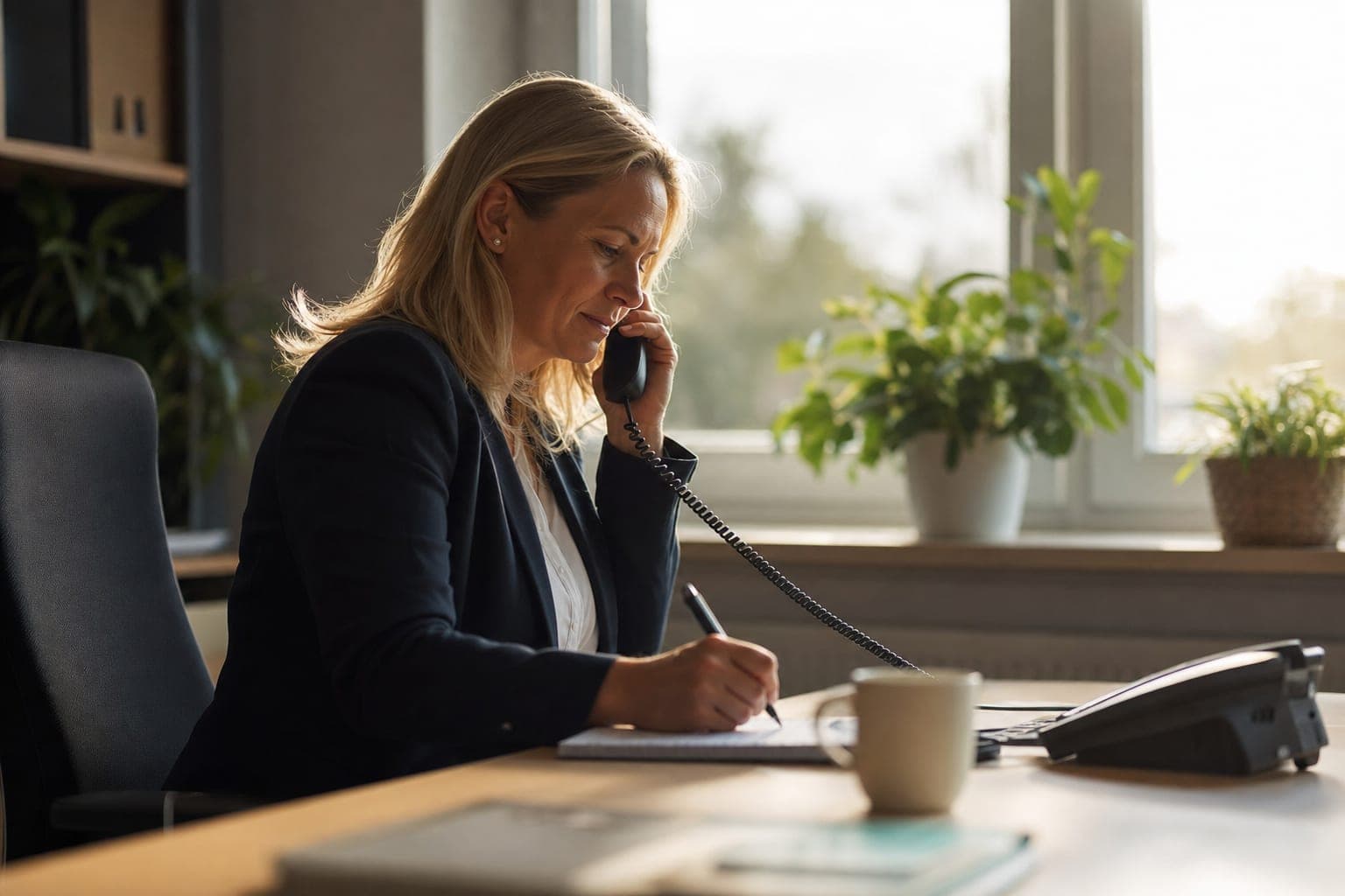 Recruiterin im Telefonat mit Notizblock am Schreibtisch